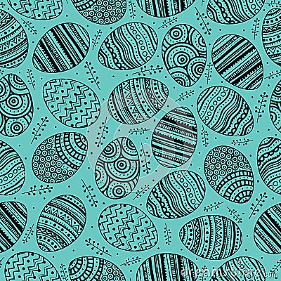 Seamless pattern with ornamental eggs and branches on turquoise background. Hand drawn style, black contour. Vector Illustration