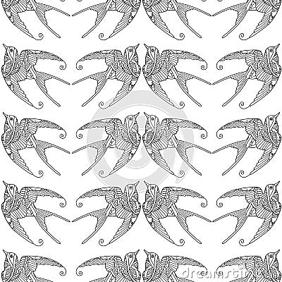 Seamless pattern with ornamental swallow bird flying hand drawn Vector Illustration