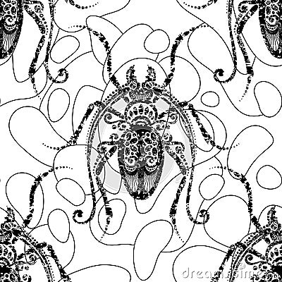 Seamless Pattern with Ornate Exotic Beetles Vector Illustration