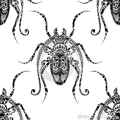 Seamless Pattern with Ornate Exotic Beetles Vector Illustration