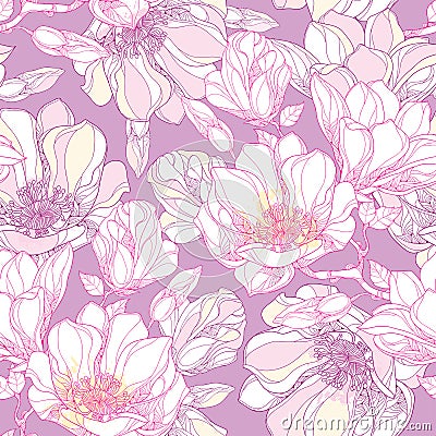 Seamless pattern with ornate magnolia flower and leaves in white on the pastel background. Floral background in contour style. Vector Illustration