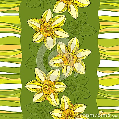 Seamless pattern with ornate narcissus flower or daffodil on the green background with stripes. Vector Illustration