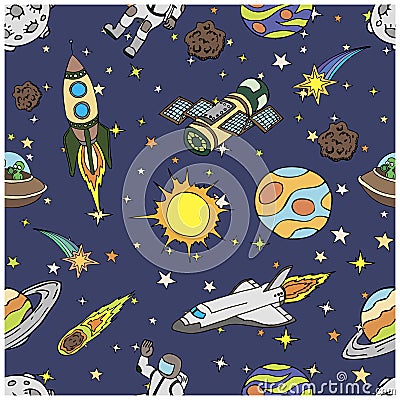 Seamless pattern with outer space doodles, symbols Vector Illustration