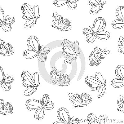 Seamless pattern outline of different butterflies in flight Vector Illustration