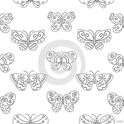 Seamless pattern outline of different butterflies Vector Illustration