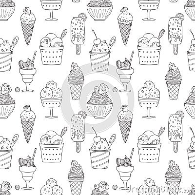 Seamless pattern with outline different ice cream, popsicle, waffle cone, bowl with whipped food. Doodle sweet summer Vector Illustration