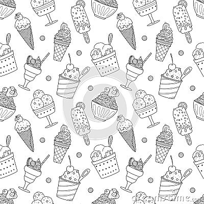 Seamless pattern with outline different ice cream, popsicle, waffle cone, bowl with whipped food. Doodle sweet summer Vector Illustration