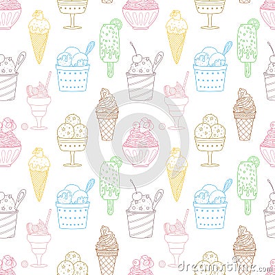 Seamless pattern with outline different ice cream, popsicle, waffle cone, bowl with whipped food. Sweet summer desserts Vector Illustration