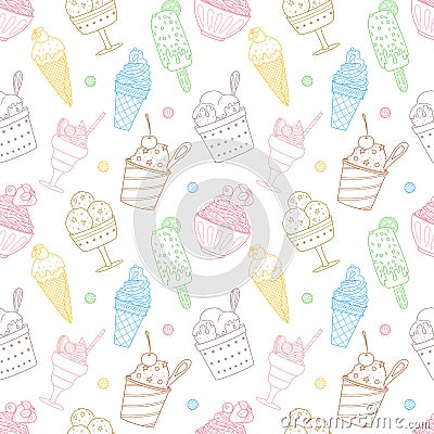 Seamless pattern with outline different ice cream, popsicle, waffle cone, bowl with whipped food. Sweet summer desserts Vector Illustration