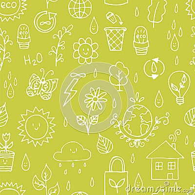 Seamless pattern with outline eco icons and recycles symbols. Save the planet. Hand drawn elements. Sketch, doodle Vector Illustration