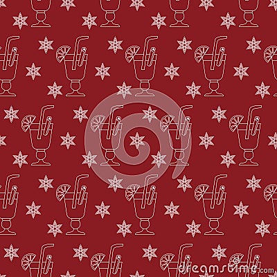 Seamless pattern with the outline of a glass of mulled wine on a red background Cartoon Illustration
