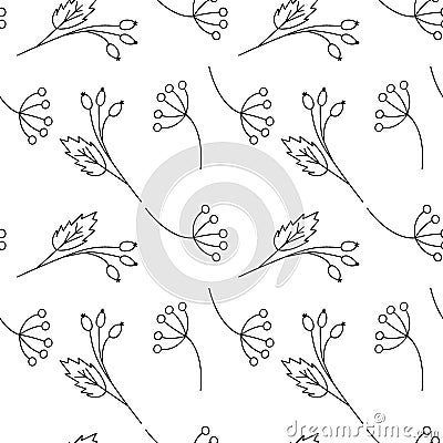 Seamless pattern from Outline herbs and rosehip branches. Coloring. Abstract background texture. Vector Illustration