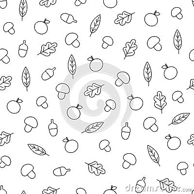 Seamless pattern with outline mushrooms, acorns, apples and leav Vector Illustration