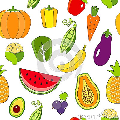 Seamless pattern with outlined fruits and vegetables Vector Illustration