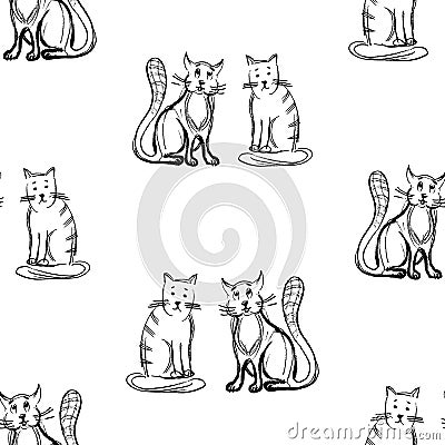 Seamless pattern of outlines funny cartoon domestic cats Vector Illustration