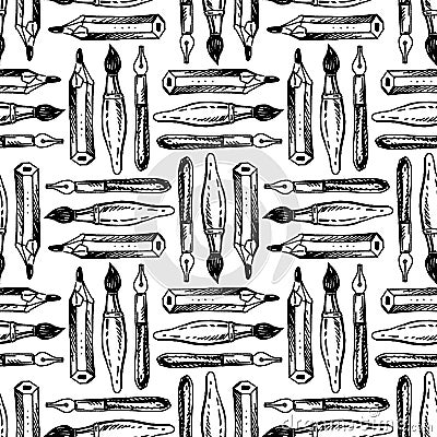 Seamless pattern of outlines pens, pencils and brushes Vector Illustration