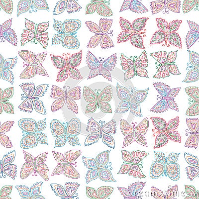 Seamless pattern of outlines various colorful ornamental butterflies Vector Illustration