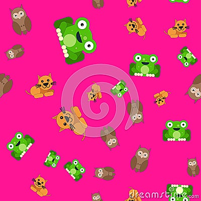 Seamless pattern of owl and cat frog Vector Illustration