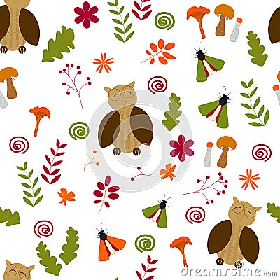 Seamless pattern: owl, insect, vegetation, berries, mushrooms on a white background. Flat vector. Vector Illustration