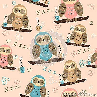 Seamless pattern. Owls dream. Cute style. Pajama fabric. Vector Vector Illustration