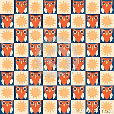 Seamless pattern with owls in mid century modern style. Geometric print for paper, fabric, textile. Retro illustration for decor Cartoon Illustration