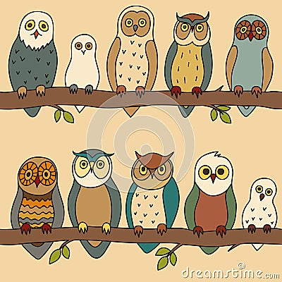 Seamless pattern with owls sitting on the branches. Vector Illustration