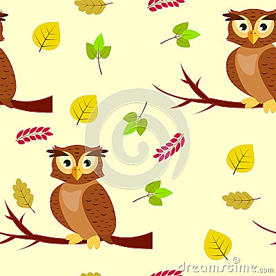 Seamless pattern with owls on a tree branch and autumn leaves Vector Illustration