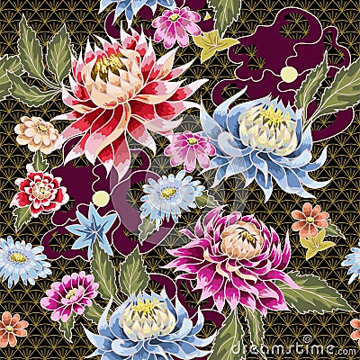 Seamless pattern from painted aster flowers. Japanese style. Vector Illustration
