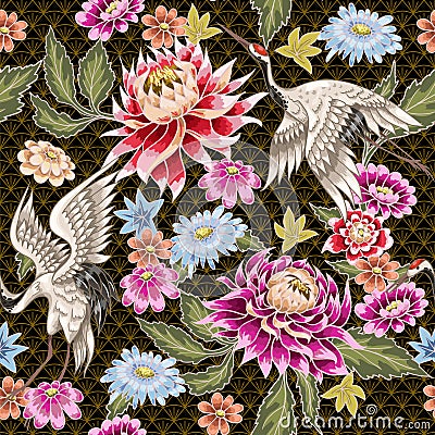 Seamless pattern from painted aster flowers and white cranes. Japanese style. Vector Illustration