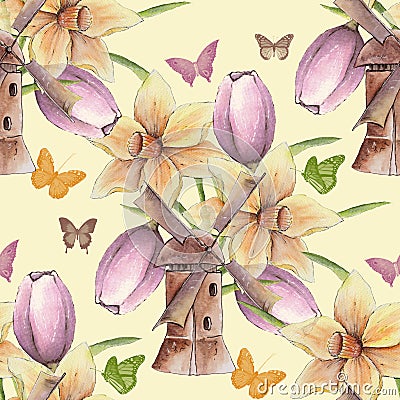 Seamless pattern painted bouquet of spring flowers. Sketch of a cartoon mill. Drawing Bright yellow daffodils and pink tulips . Stock Photo