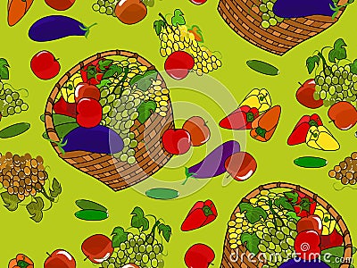 Seamless pattern with painted fruit baskets on a bright green background. Stock Photo