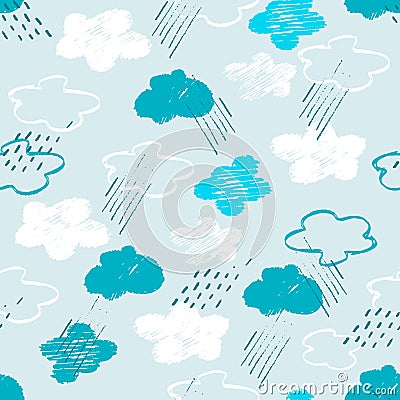 Seamless pattern with pale blue sky, clouds, rain in childs drawing style Vector Illustration