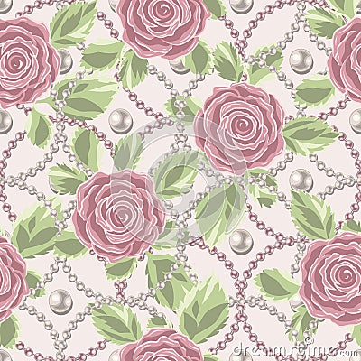 Seamless pattern with pale pink vintage roses, pearl strings, pearls beads Vector Illustration