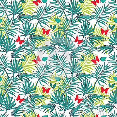 Seamless pattern palm leaves and butterflies Vector Illustration