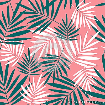 Seamless pattern with palm leaves on a pink background. Vector Illustration