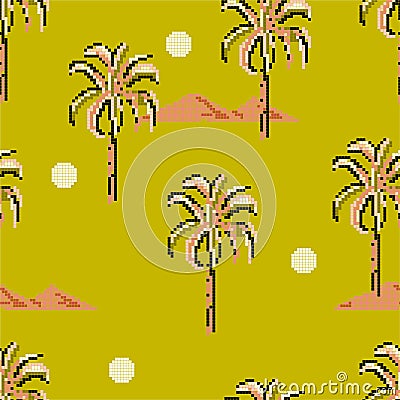 Seamless pattern Palm trees and island mountain pixle in vector illustration. Design for fashion , fabric, web ,wallpaper, Cartoon Illustration