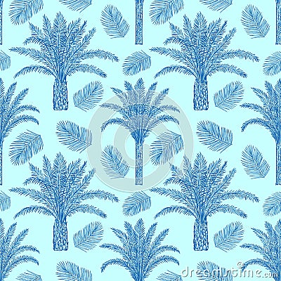 Seamless pattern with palm trees trees and leaves. Toile de Jouy retro engraving style Vector Illustration