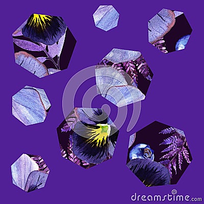 Seamless pattern with pancy and blueberry in heptagons Stock Photo