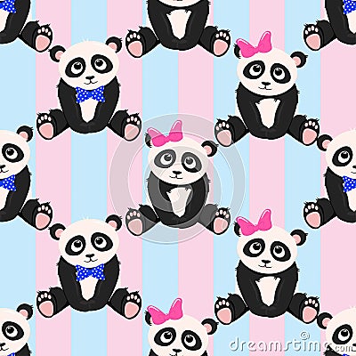 Seamless pattern with panda girl panda boy - vector illustration, eps Vector Illustration