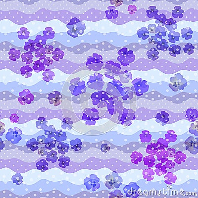 Seamless pattern with pansies and polka dot on blue waves ornament. Beautiful print for fabric Stock Photo