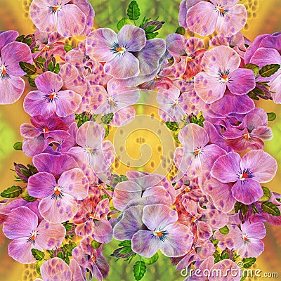 Seamless pattern. Pansy flowers, violets - buds and leaves on a watercolor background. Collage of flowers and leaves. Stock Photo