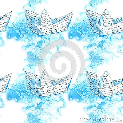 Seamless pattern of a paper airplane in sky.Seamless pattern of a paper boat floating in the water stream. Cartoon Illustration