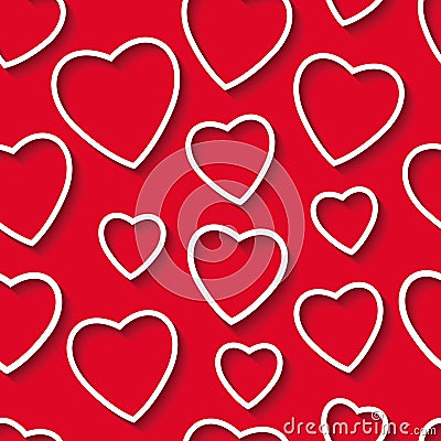 Seamless pattern of the paper hearts on red paper, templates for cards on Valentine`s Day Vector Illustration