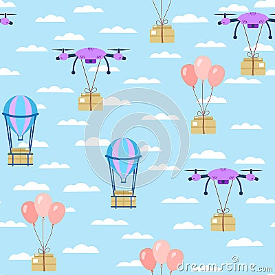 Seamless pattern. Parcel delivery by drone, balloon. Parcels fly through the sky with clouds. Vector Vector Illustration