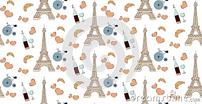 Seamless pattern with paris elements, eiffel tower bottle of wine heart and bicycle Vector Illustration