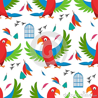Seamless pattern parrot bird cell vector illustration wild animal characters cute fauna tropical feather pets background Vector Illustration