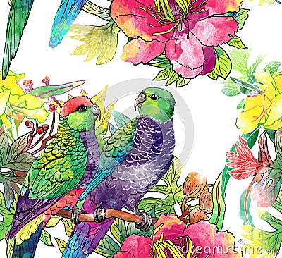 Seamless pattern with parrots and flowers Stock Photo