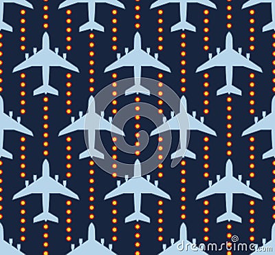 Seamless pattern with passenger airplanes over runway lights Vector Illustration