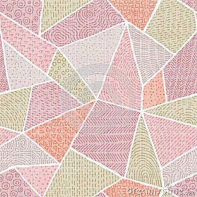 Seamless pattern of patchwork. Vintage pastel background. Coral, lilac, gray and olive colors. Grungy texture. Vector Illustration