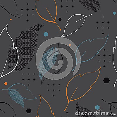 Seamless pattern with patterned leaves, stars and hexagons. Complex illustration print in grey, dusty blue, black, white and Vector Illustration